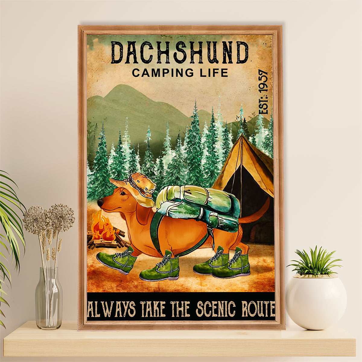 Funny Cute Dachshund Canvas Wall Art Print | Camping life | Gift for Dachshund Dog Puppies Lover