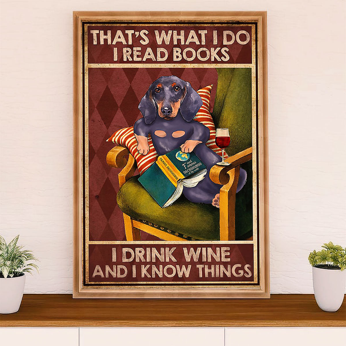 Funny Cute Dachshund Canvas Wall Art Print | Book Wine | Gift for Dachshund Dog Puppies Lover