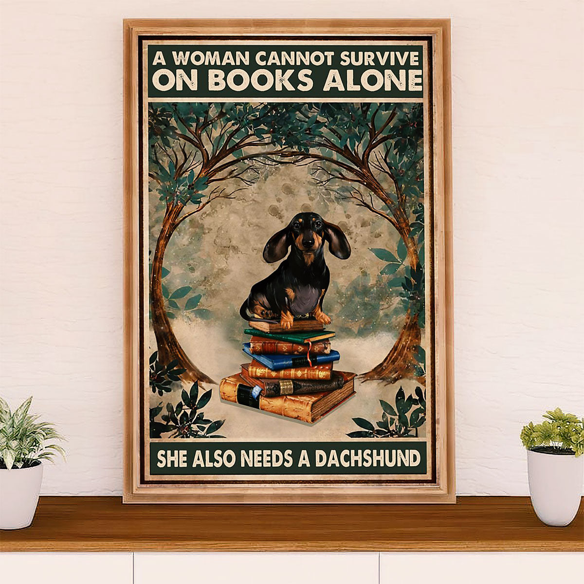 Funny Cute Dachshund Poster Wall Art Print | Woman Loves Book & Dachshund | Gift for Dachshund Dog Puppies Lover