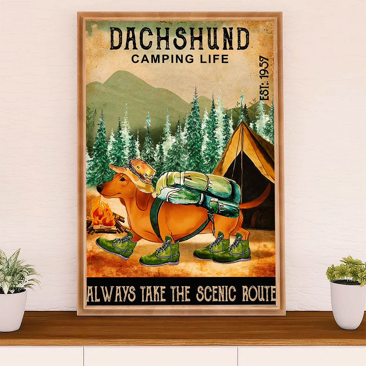 Funny Cute Dachshund Canvas Wall Art Print | Camping life | Gift for Dachshund Dog Puppies Lover