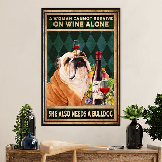 English Bulldog Canvas Wall Art | Woman Loves Wine & Bulldog | Gift for British Bulldog Puppies Lover