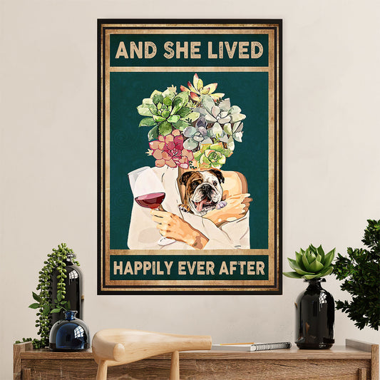 English Bulldog Canvas Wall Art | Girl Loves Dog & Wine | Gift for British Bulldog Puppies Lover