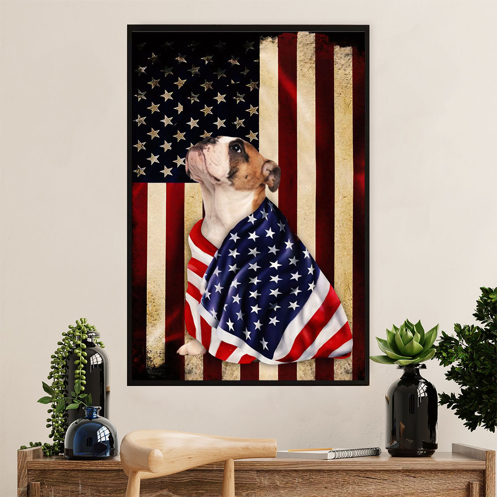 English Bulldog Canvas Wall Art | Dog American Flag | Gift for British Bulldog Puppies Lover