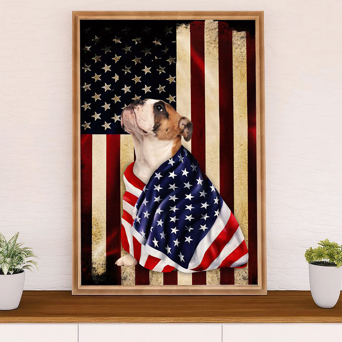 English Bulldog Canvas Wall Art | Dog American Flag | Gift for British Bulldog Puppies Lover