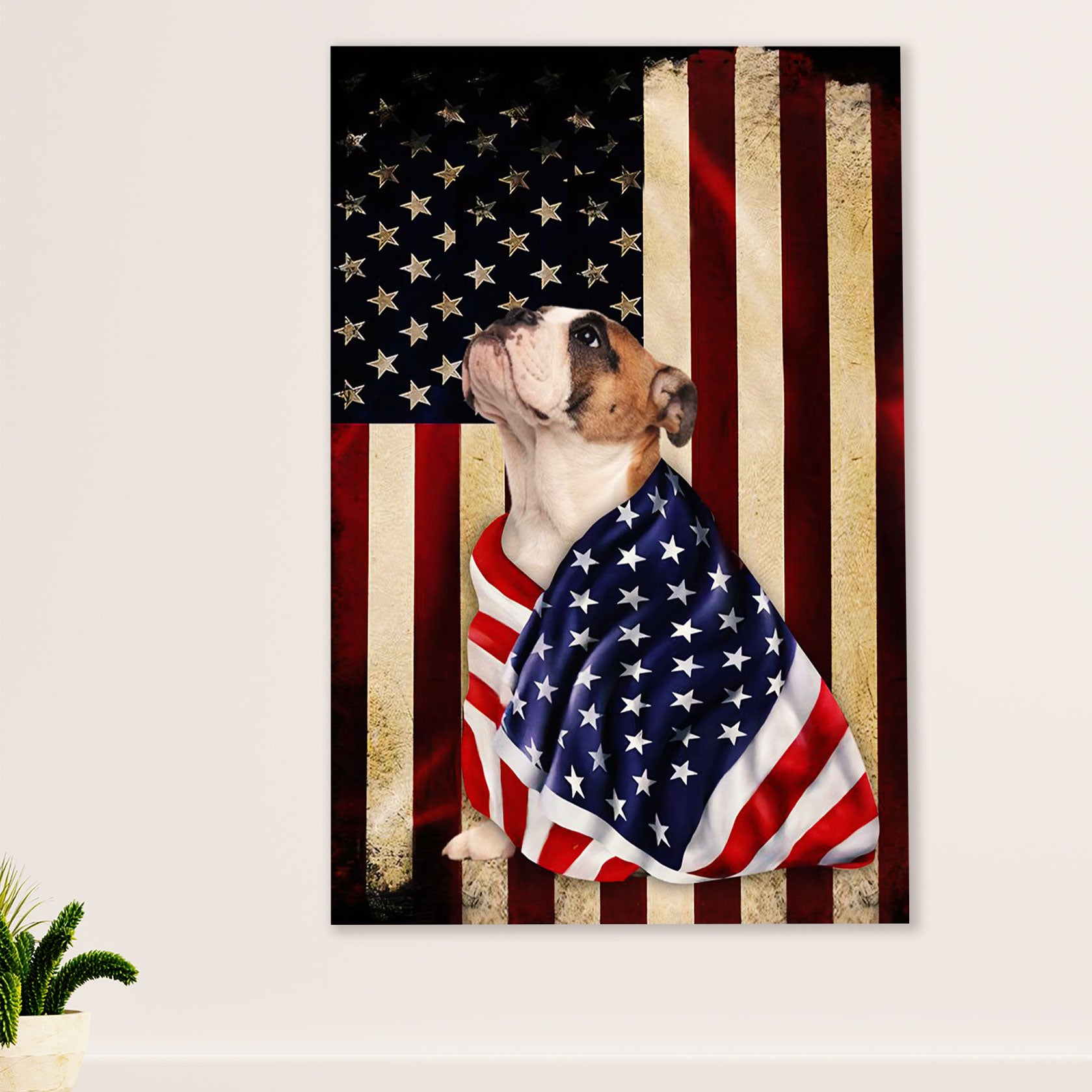 English Bulldog Canvas Wall Art | Dog American Flag | Gift for British Bulldog Puppies Lover