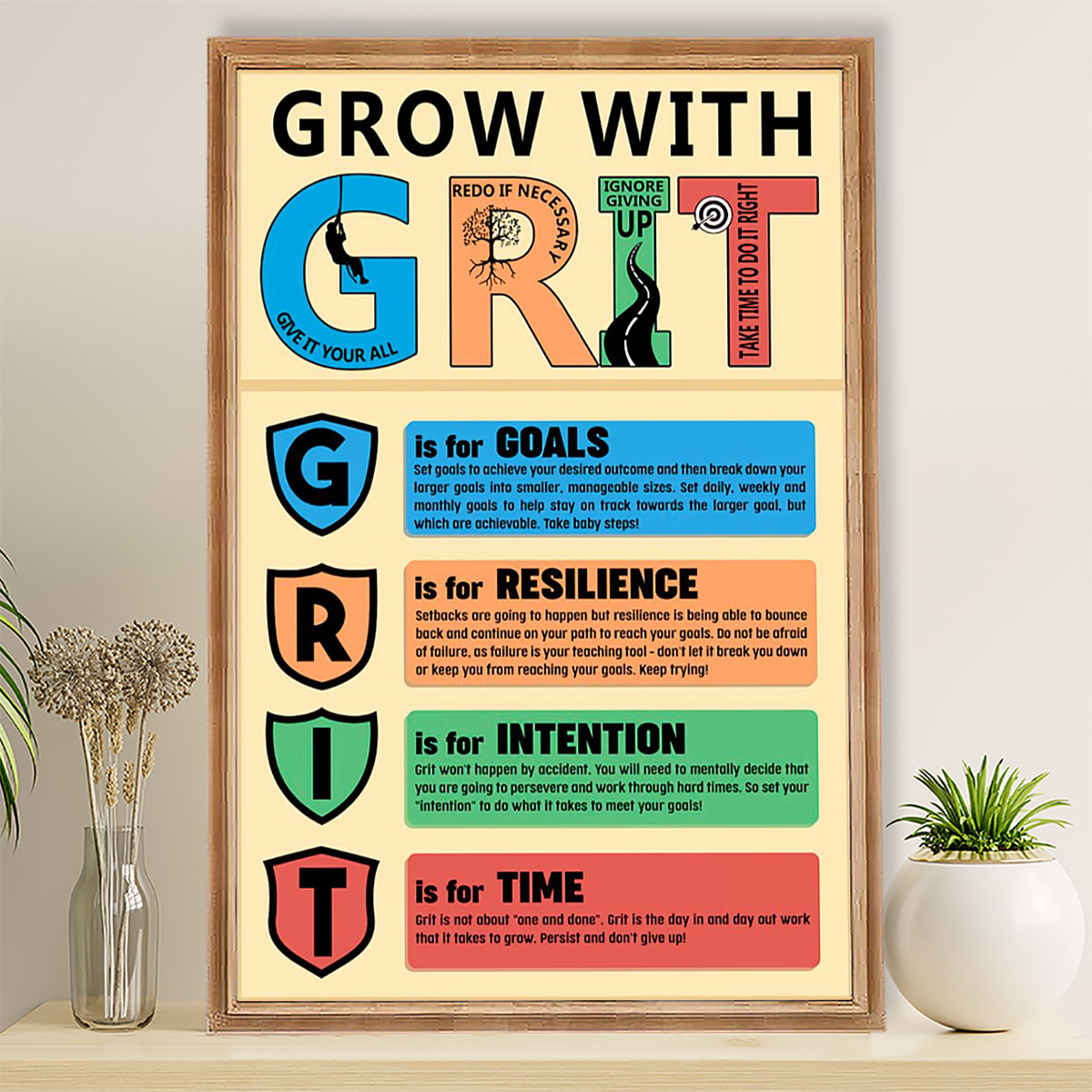 Teacher Classroom Poster Grow With GRIT | Student Wall Art Back to School Gift for Teacher