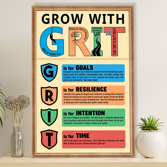 Teacher Classroom Poster Grow With GRIT | Student Wall Art Back to School Gift for Teacher