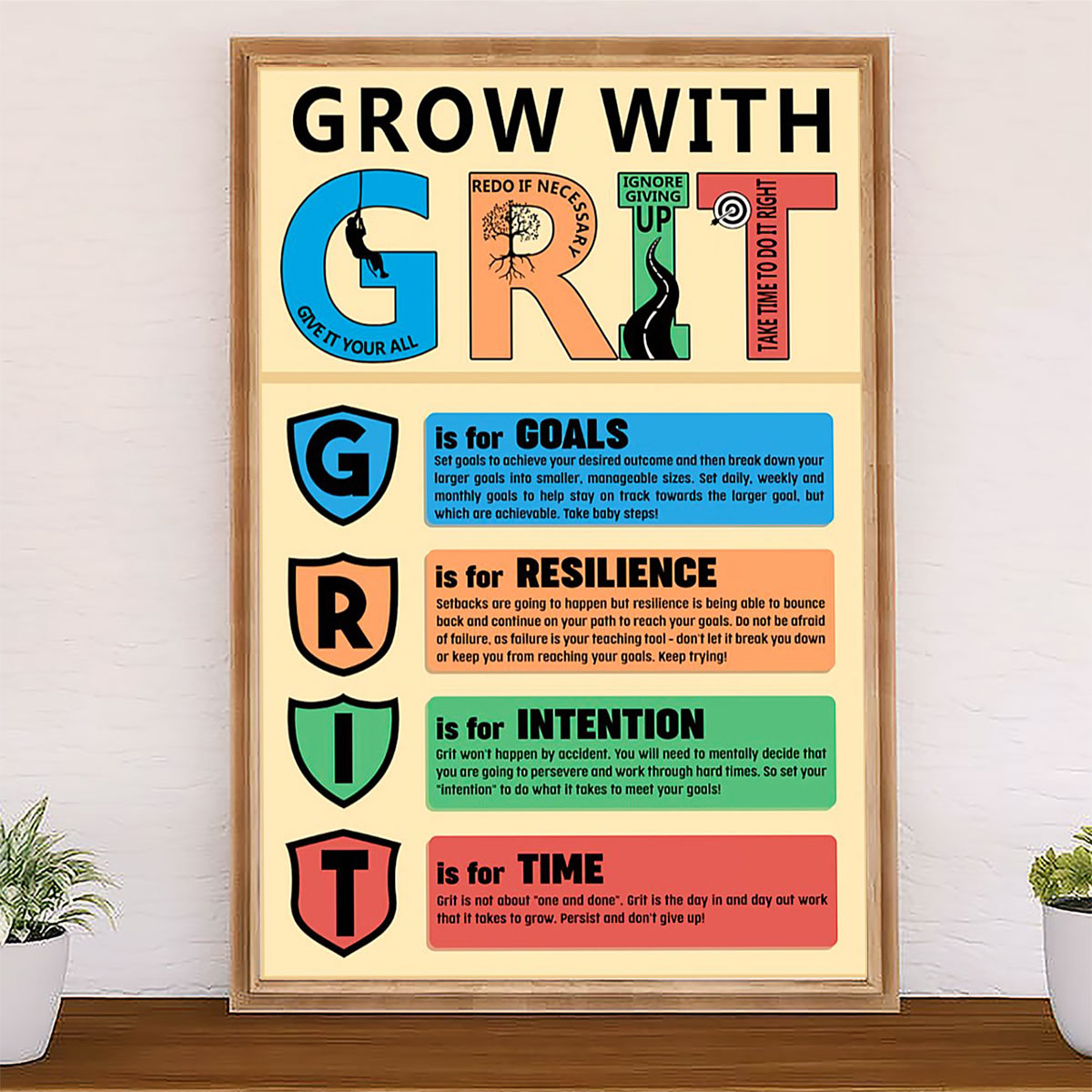 Teacher Classroom Poster Grow With GRIT | Student Wall Art Back to School Gift for Teacher