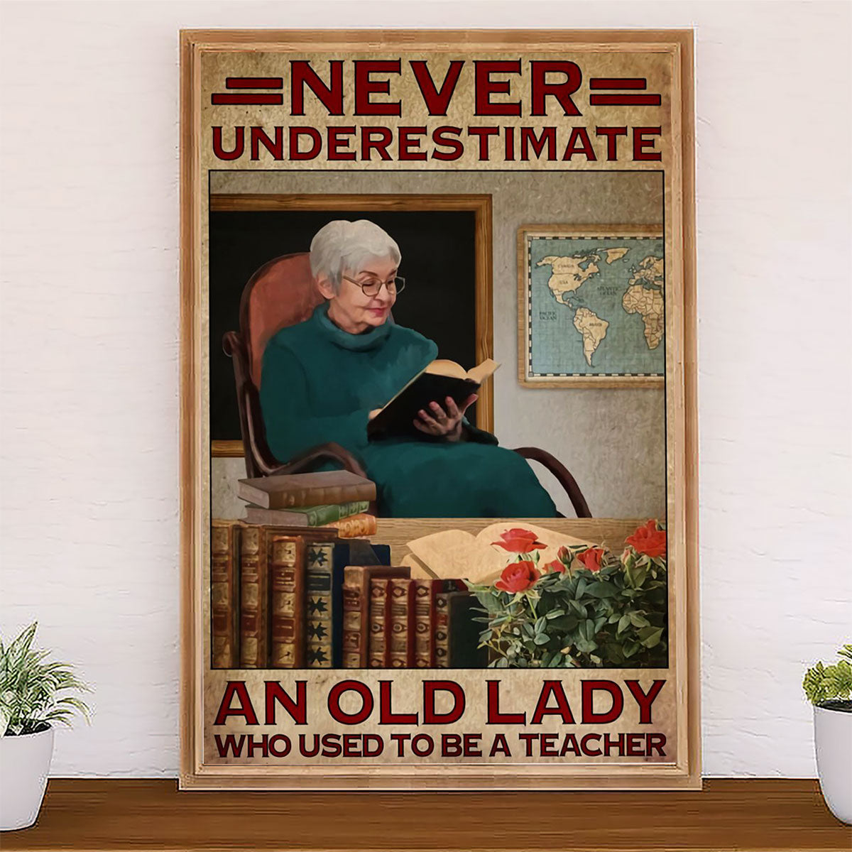 Teacher Classroom Canvas Retired Teacher - Never Underestimate An Old Lady | Student Wall Art Back to School Gift for Teacher