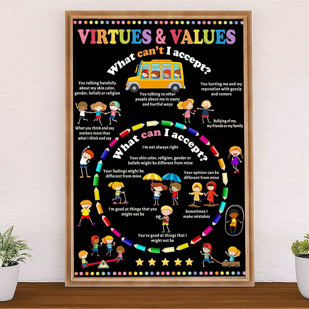 Teacher Classroom Canvas Virtures & Values | Student Wall Art Back to School Gift for Teacher