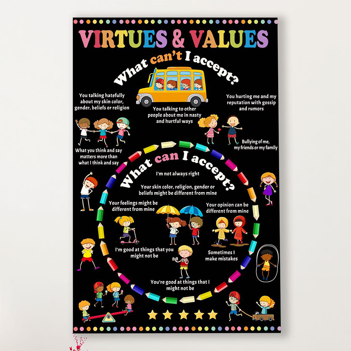 Teacher Classroom Canvas Virtures & Values | Student Wall Art Back to School Gift for Teacher