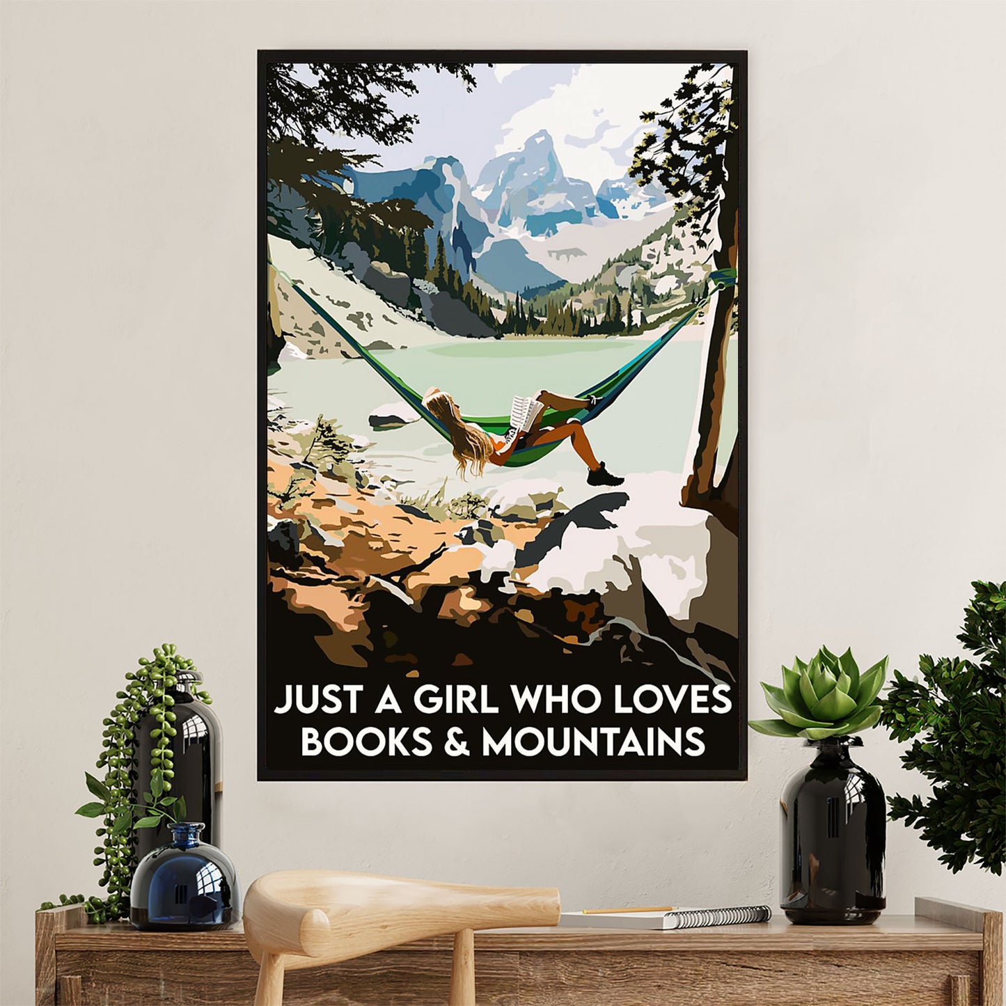 Books Lover Canvas Prints | Just A Girl Who Loves Books & Mountains | Wall Art Gift for Books Reader