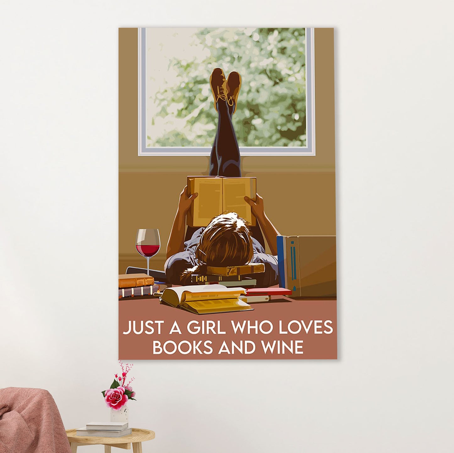 Books Lover Canvas Prints | Just A Girl Who Loves Books & Wine | Wall Art Gift for Books Reader