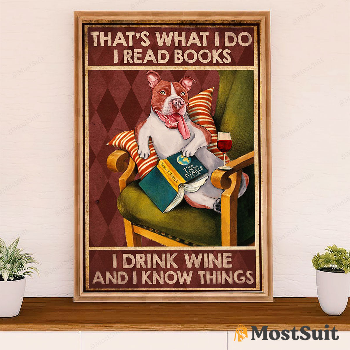 Pitbull Book Wine Poster - Dog Wall Art For Living Room - Gifts for Pitbull Lovers Mom Dad - Know Things