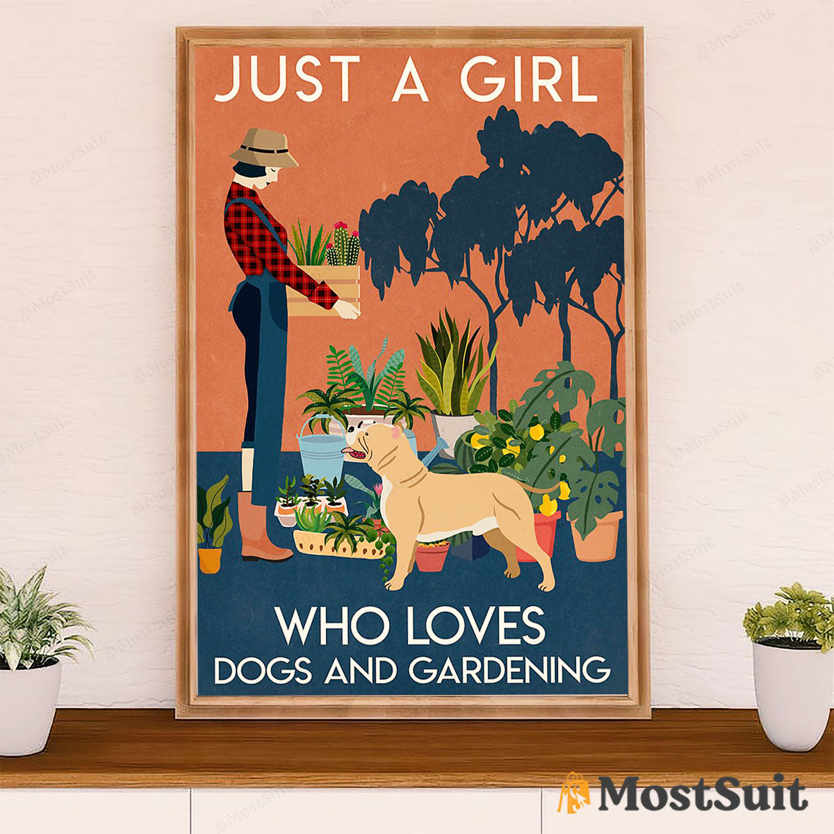 Girl Loves Pitbull Gardening Poster - Dog Wall Art For Living Room - Gifts for Pitbull Lovers Mom Dad