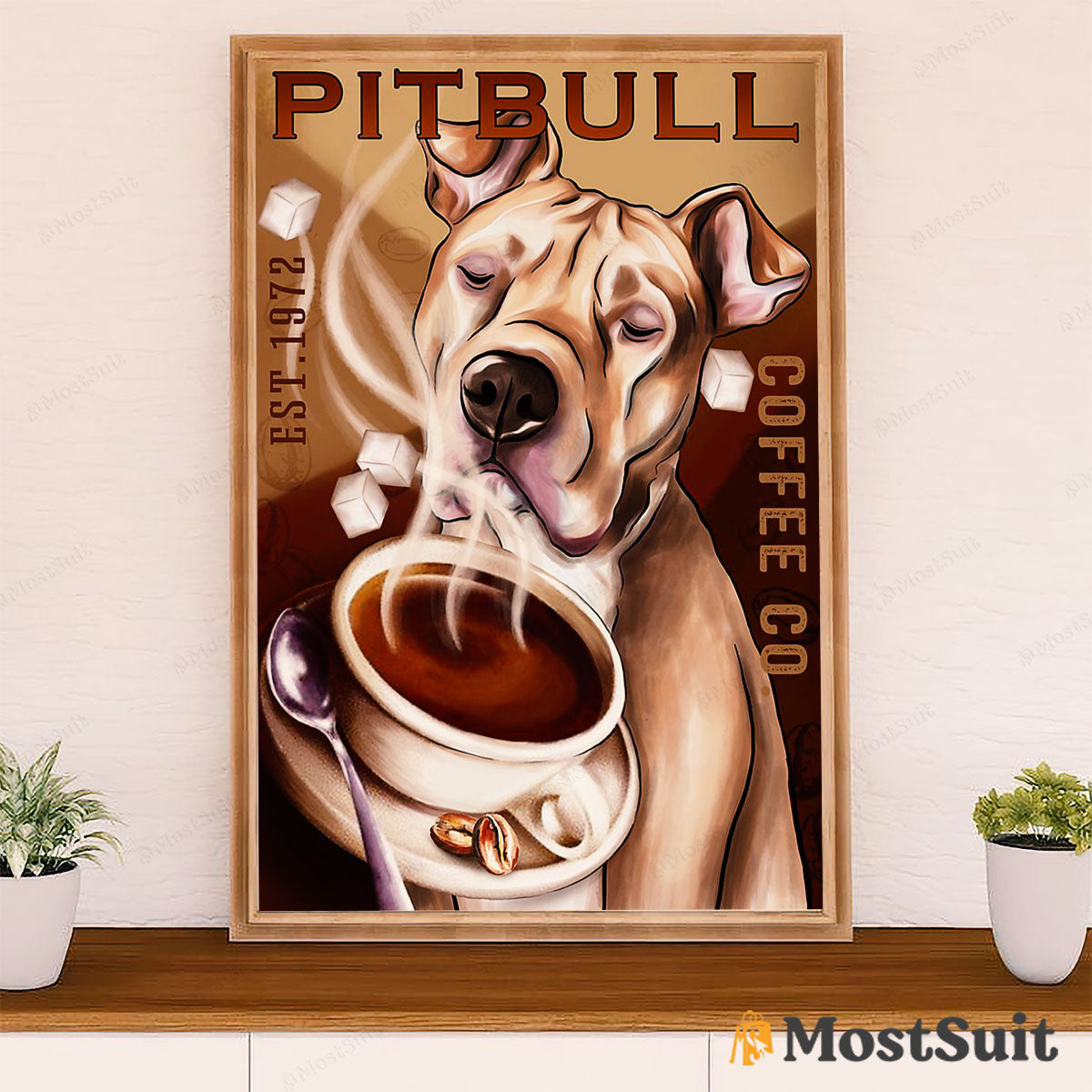 Coffee Pitbull Poster - Dog Wall Art For Living Room - Gifts for Pitbull Lovers - Pitbull Coffee
