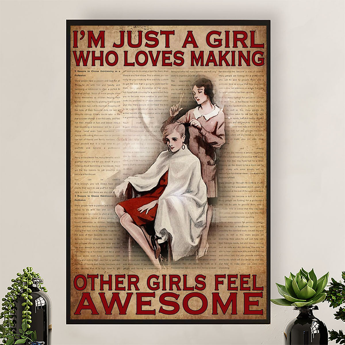 Hairdresser Canvas I'm Just A Girl Who Loves Making Other Girls Feel Awesome | Wall Art Gift for Hairstylists