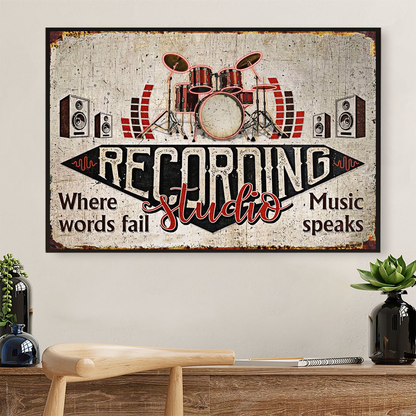 Drumming Canvas Recording Studio - Where Words Fail, Music Speaks | Wall Art Home Décor Gift for Drummer