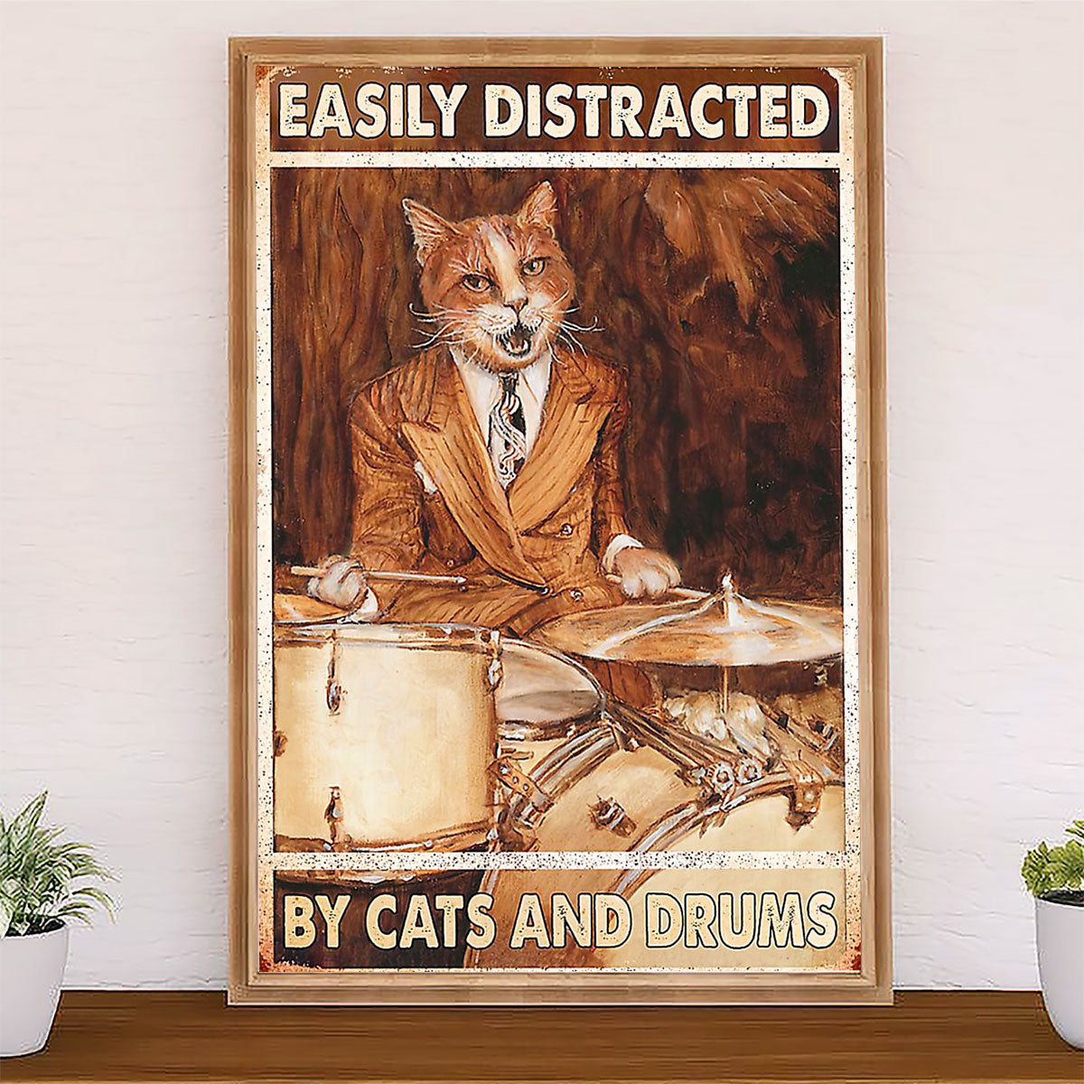 Drumming Poster Easily Distracted by Cats & Drums | Wall Art Gift for Drummers