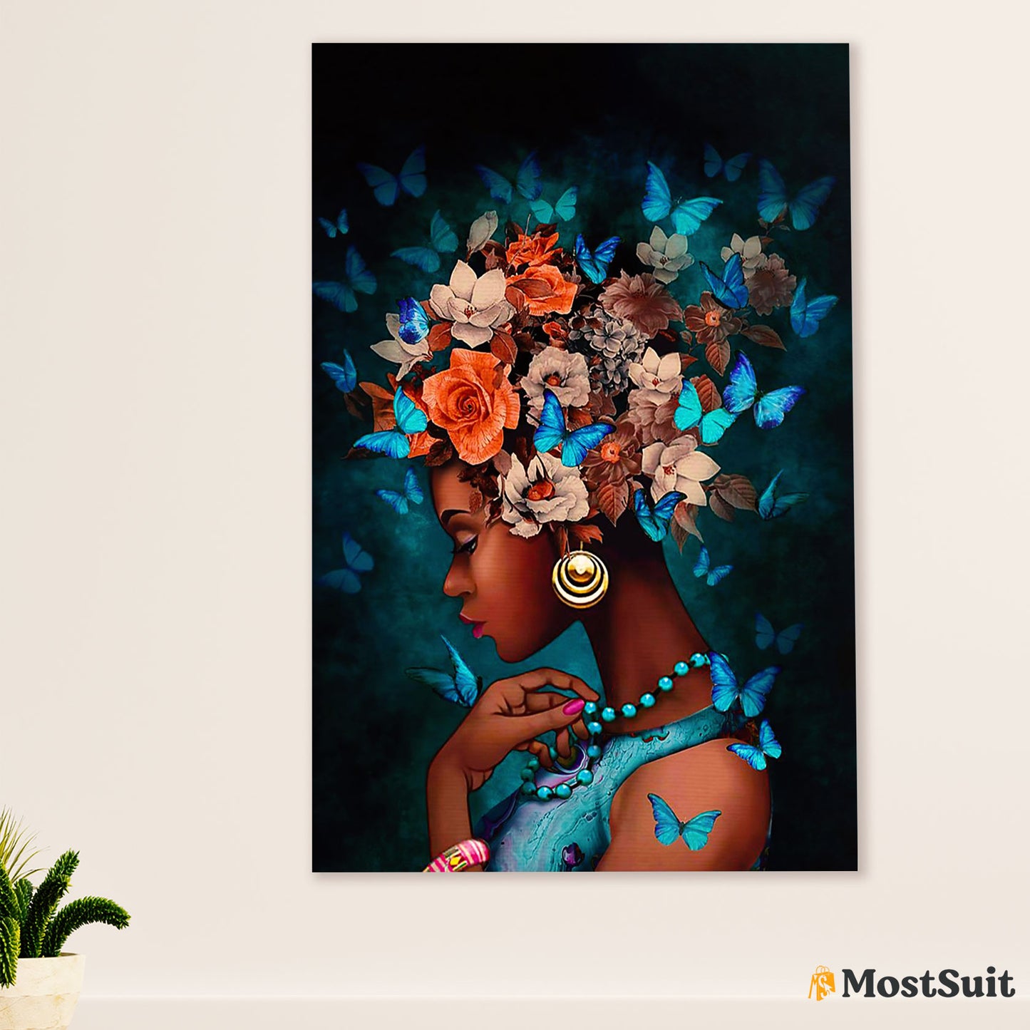 African American Afro Poster | Gift for Black Girl | Juneteenth Day Room Wall Art - Flowers Butterflies