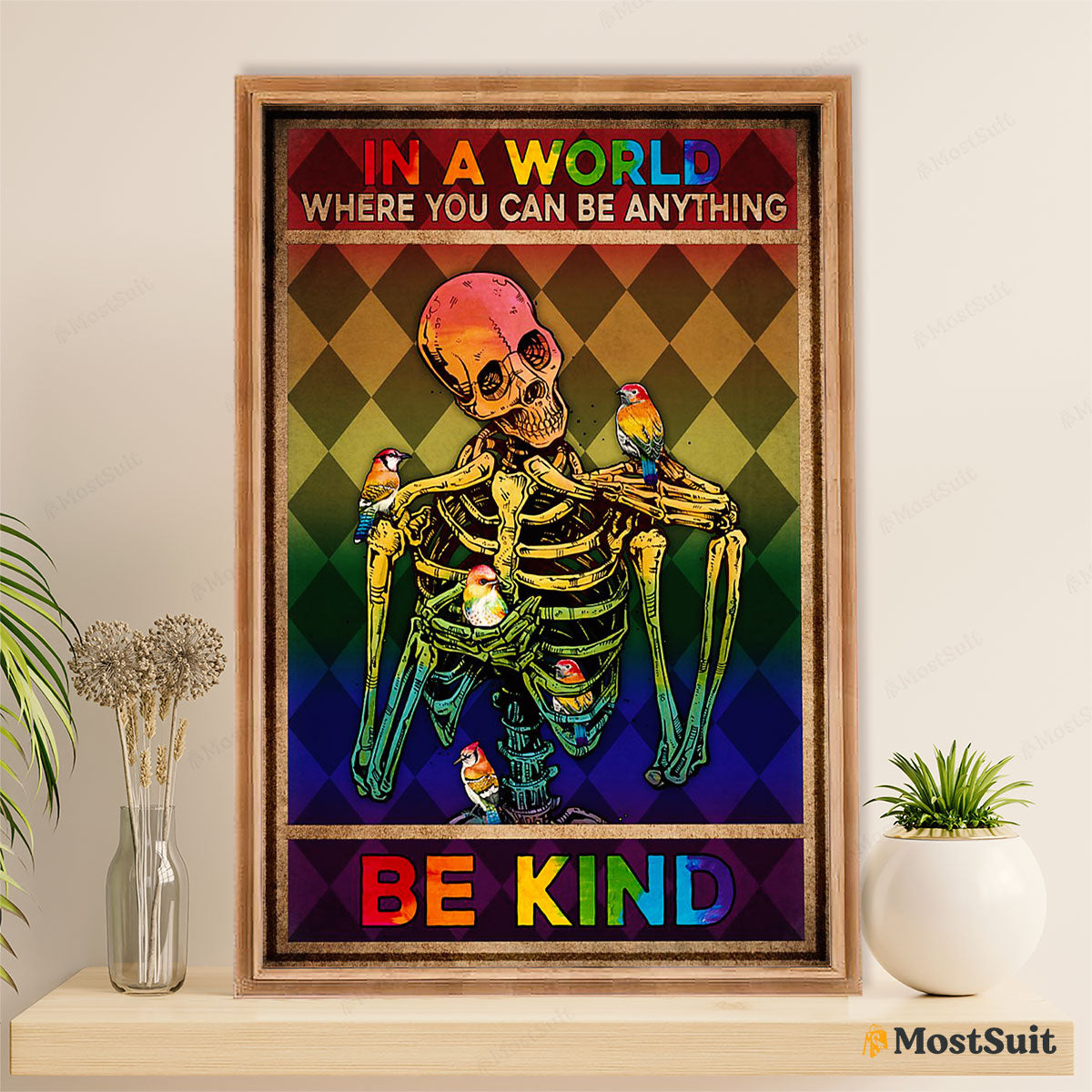 LGBT Gay Pride Month Poster Room Wall Art | Vintage Skeleton Be Kind