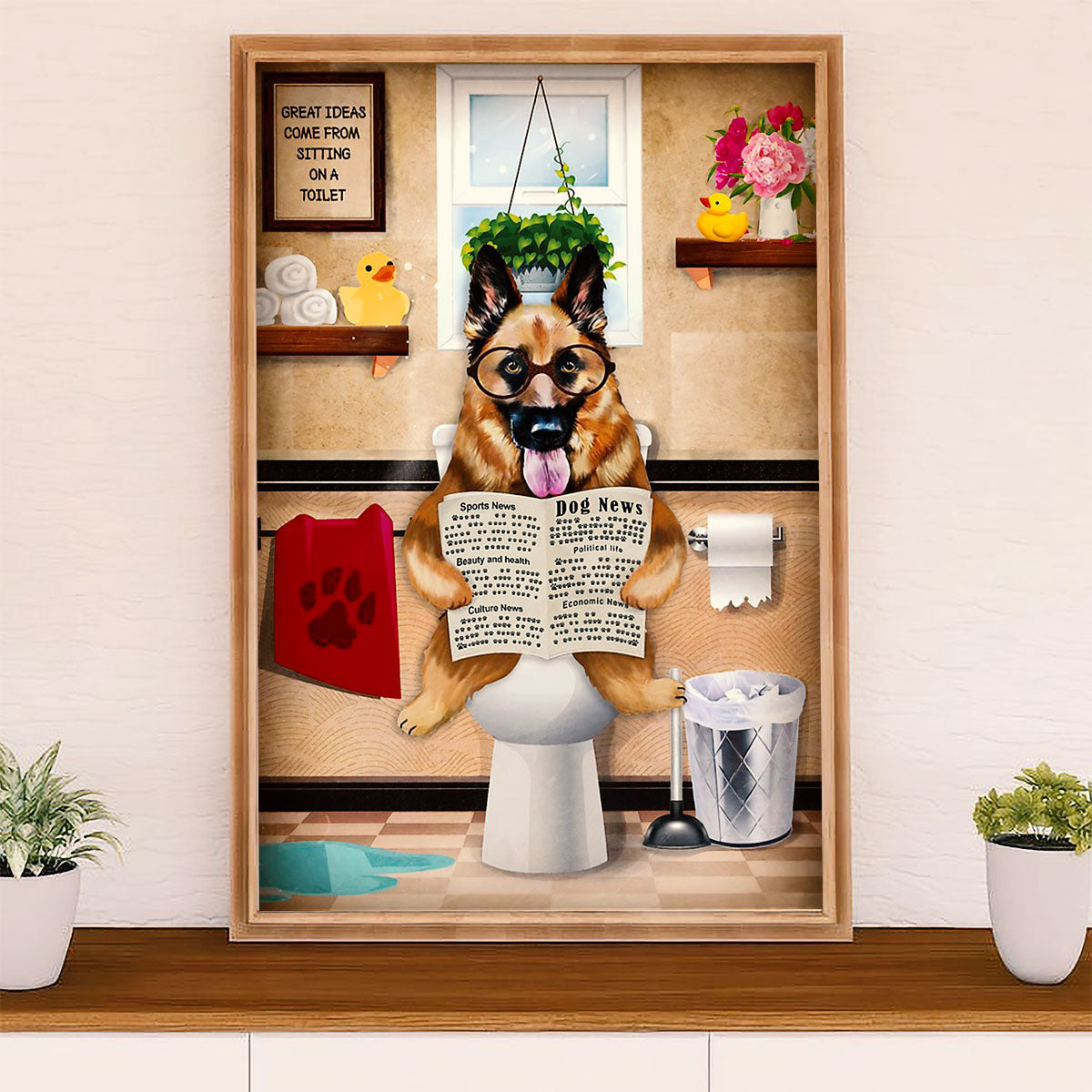 German Shepherd Canvas Prints | Dog in Toilet | Wall Art Gift for Shepherd Dog Lover