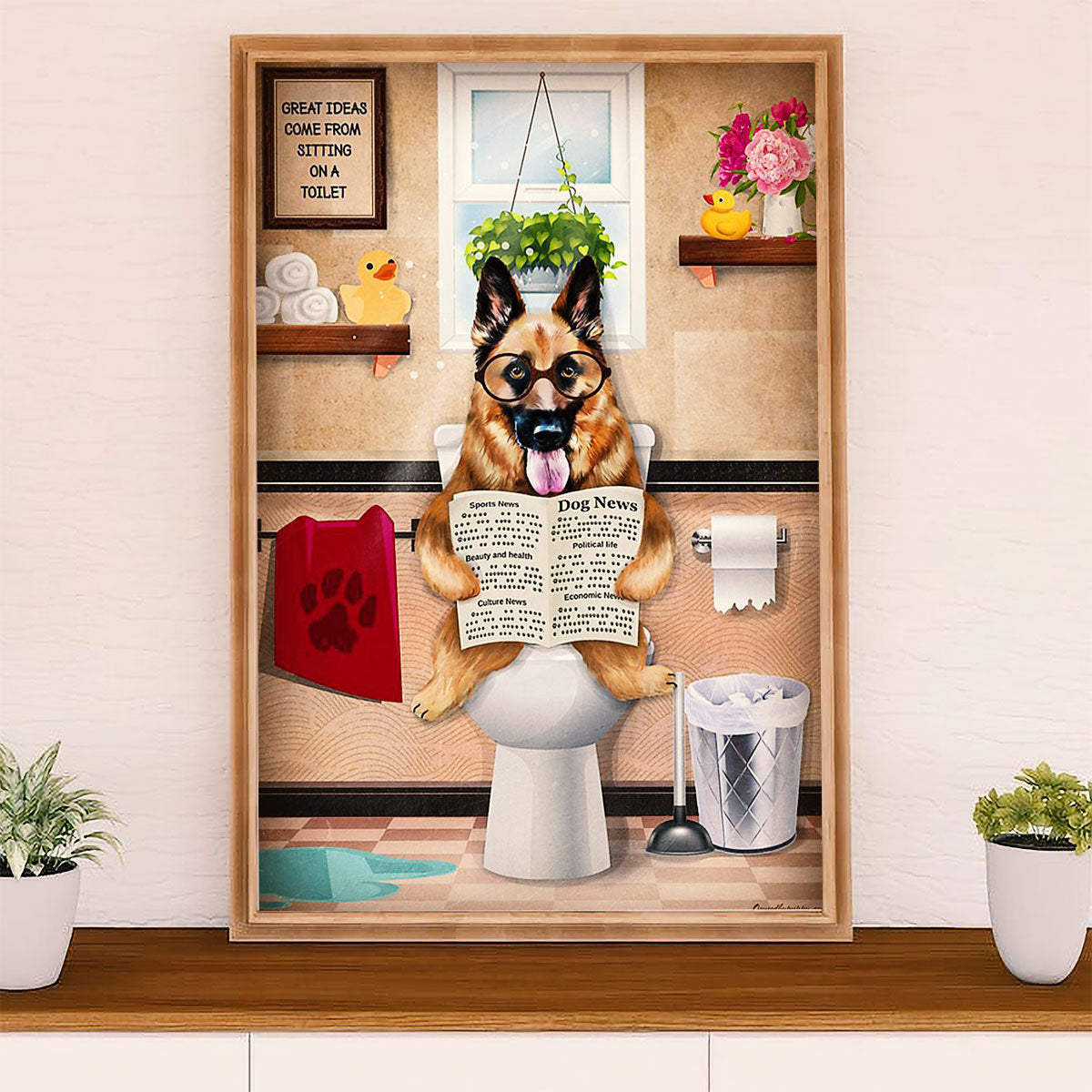 German Shepherd Canvas Prints | Dog in Toilet | Wall Art Gift for Shepherd Dog Lover