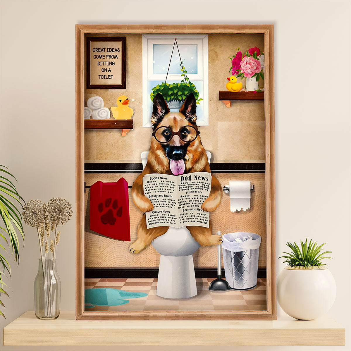 German Shepherd Canvas Prints | Dog in Toilet | Wall Art Gift for Shepherd Dog Lover
