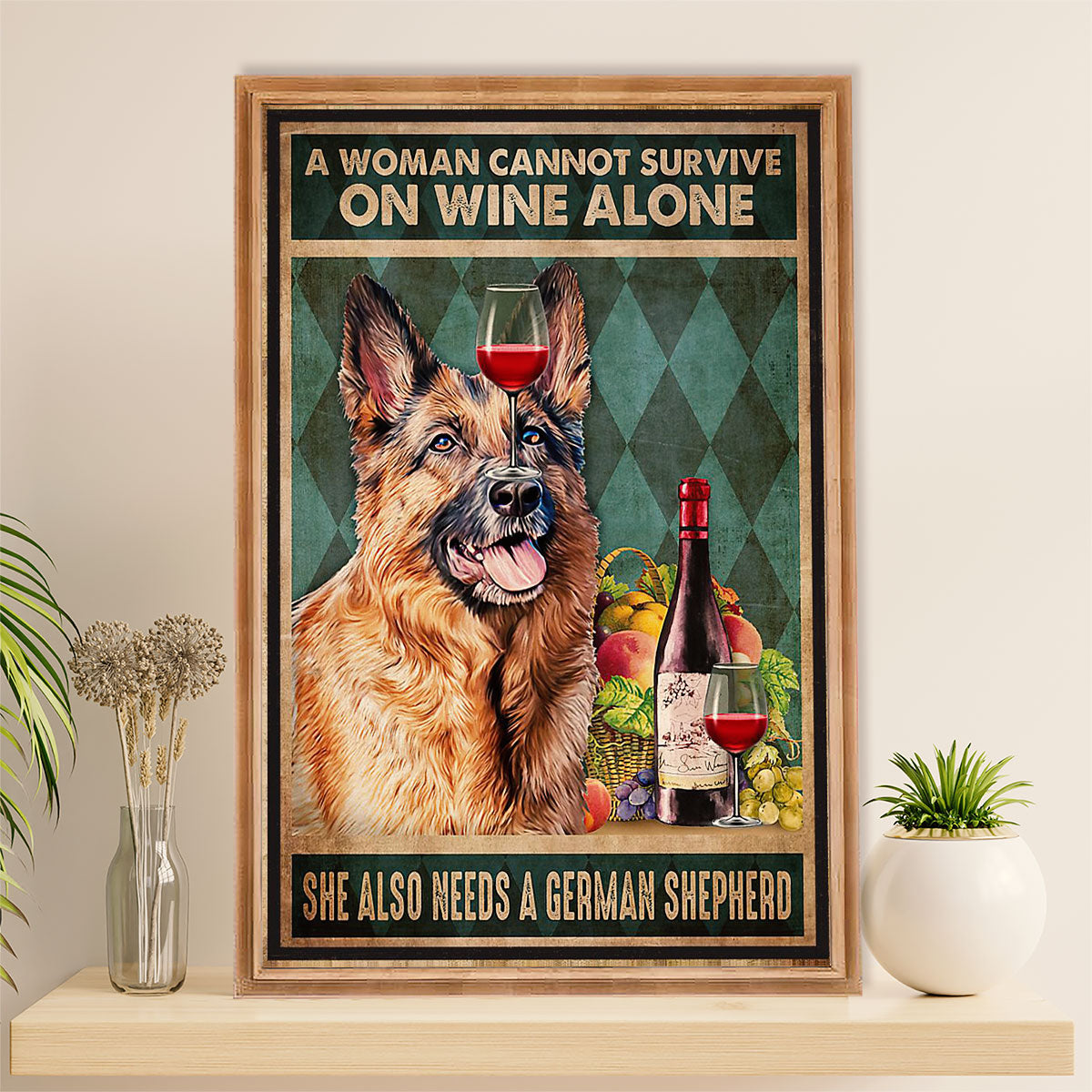 German Shepherd Canvas Prints | Woman Loves Wine & Dog | Wall Art Gift for Shepherd Dog Lover