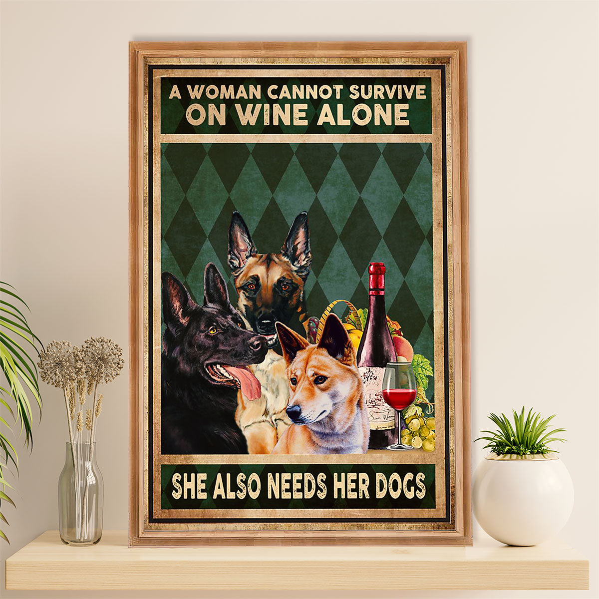 German Shepherd Canvas Prints | Woman Loves Wine & Dog | Wall Art Gift for Shepherd Dog Lover