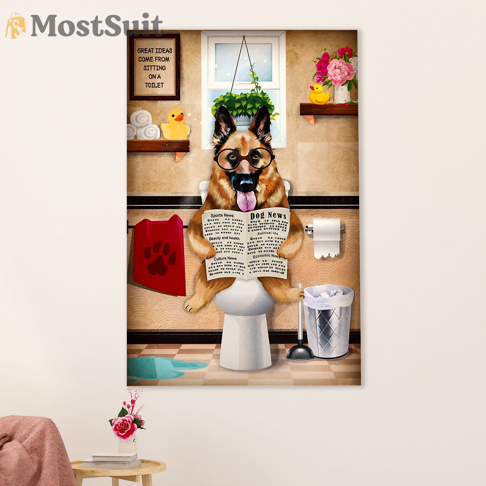German Shepherd Canvas Prints | Dog in Toilet | Wall Art Gift for Shepherd Dog Lover
