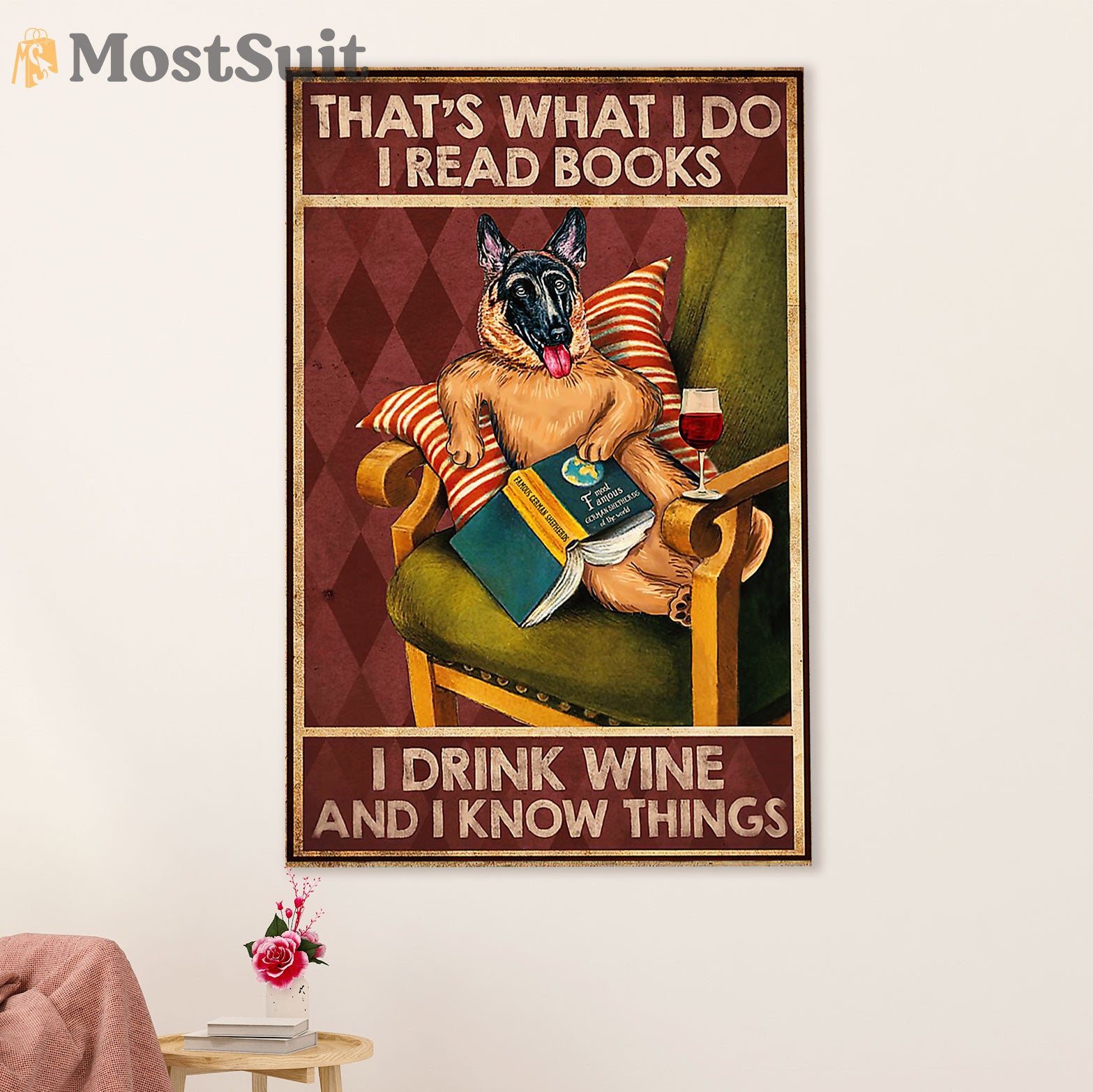 German Shepherd Canvas Prints | Books, Wine Know Things | Wall Art Gift for Shepherd Dog Lover