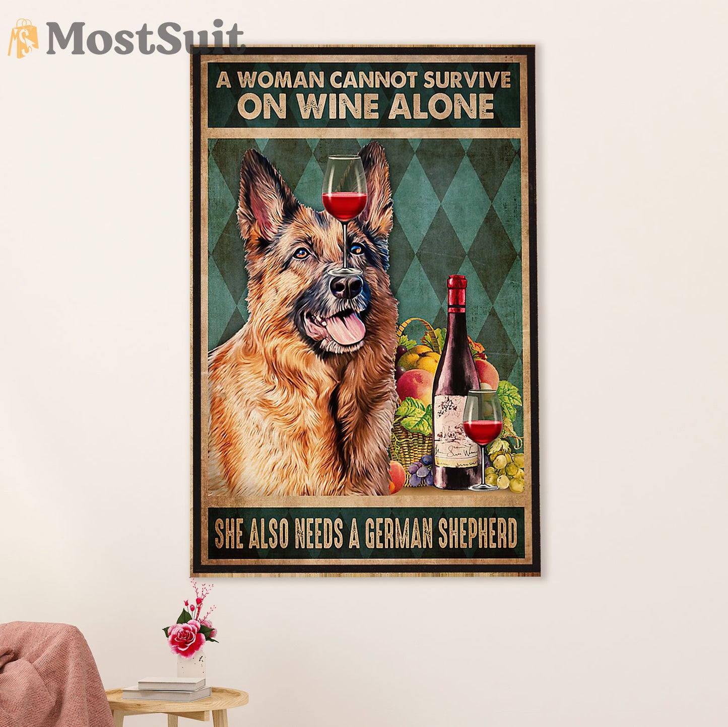 German Shepherd Canvas Prints | Woman Loves Wine & Dog | Wall Art Gift for Shepherd Dog Lover