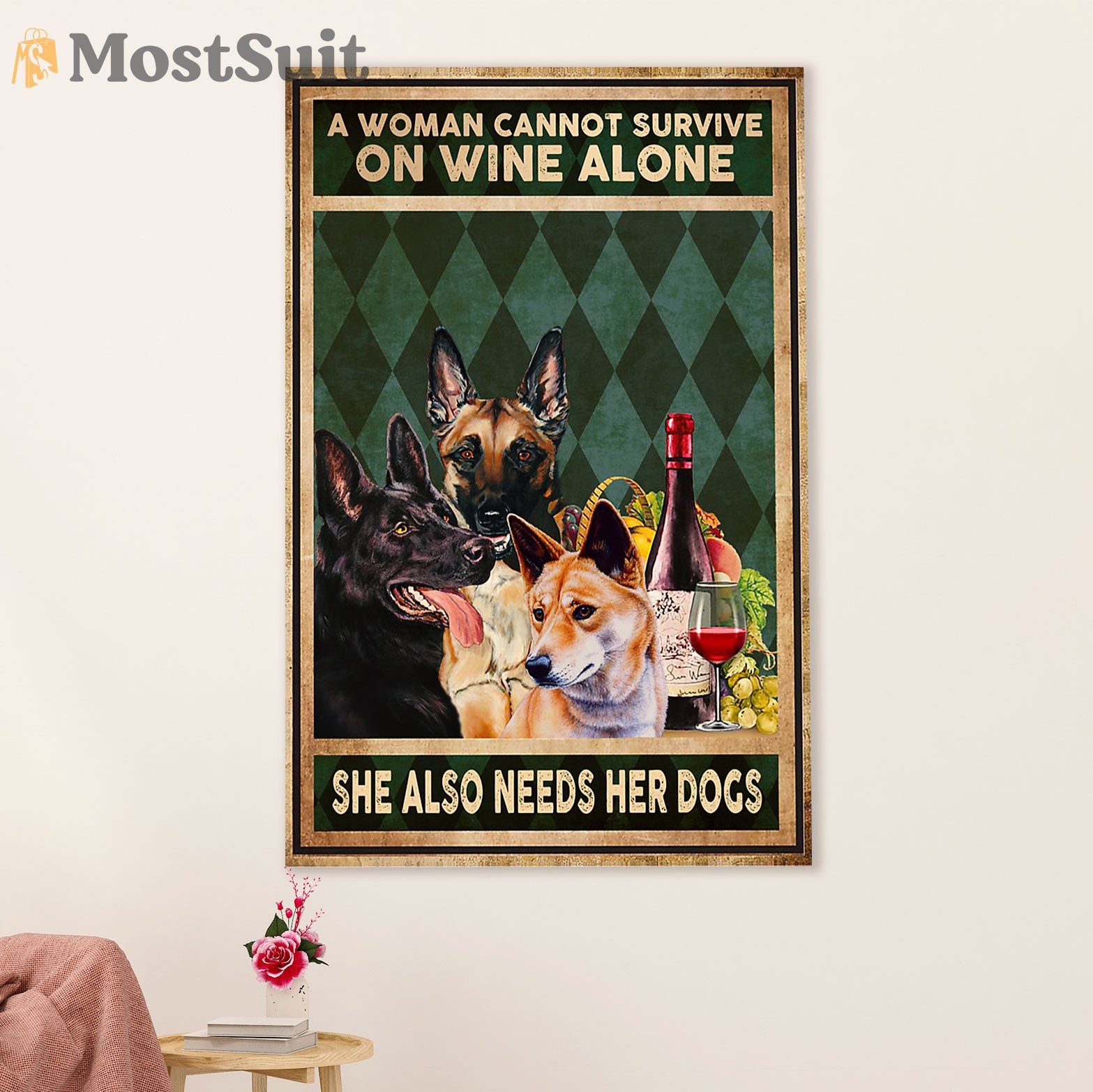 German Shepherd Canvas Prints | Woman Loves Wine & Dog | Wall Art Gift for Shepherd Dog Lover