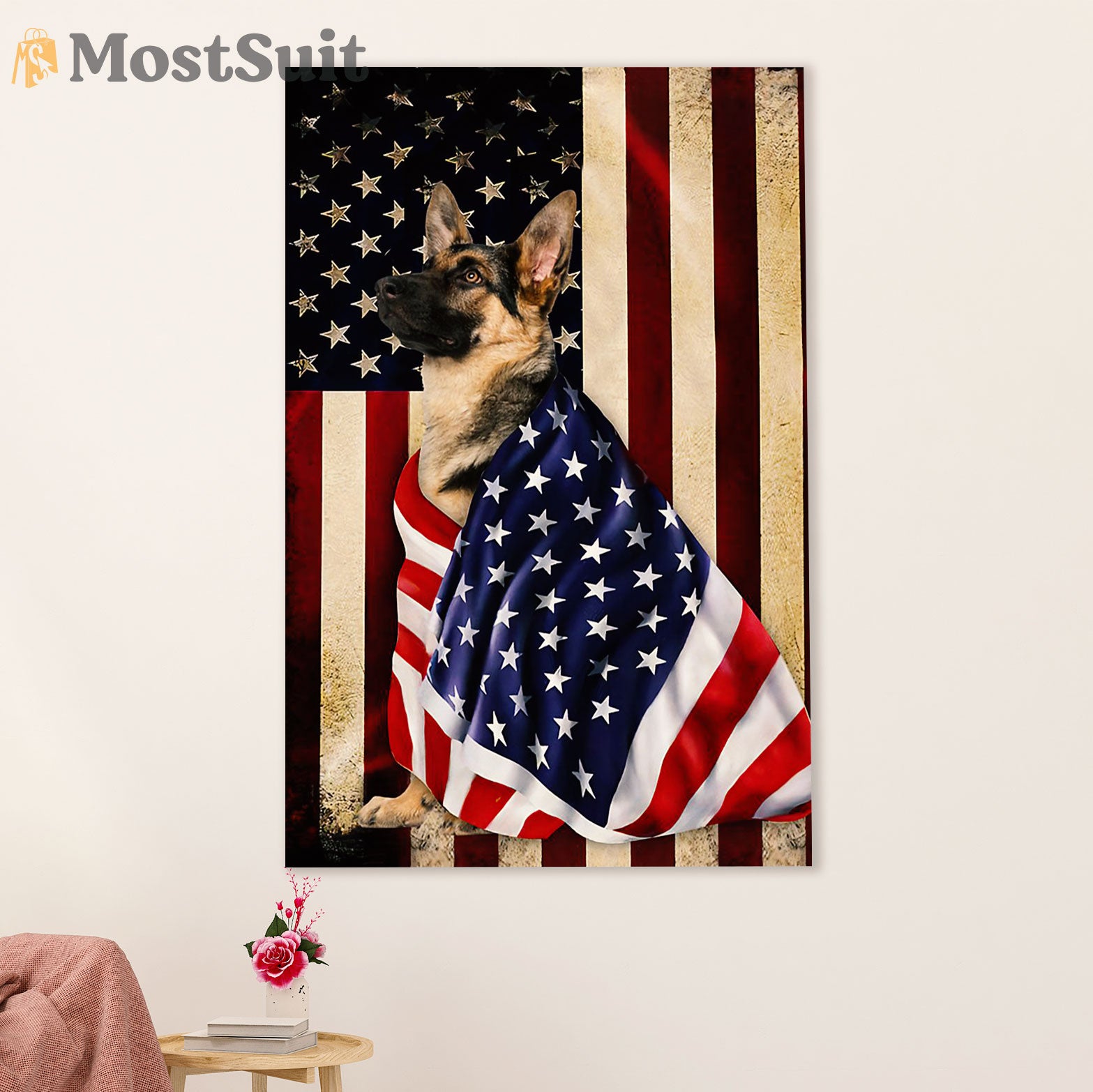 German Shepherd Canvas Prints | Dog American Flag  | Wall Art Gift for Shepherd Dog Lover