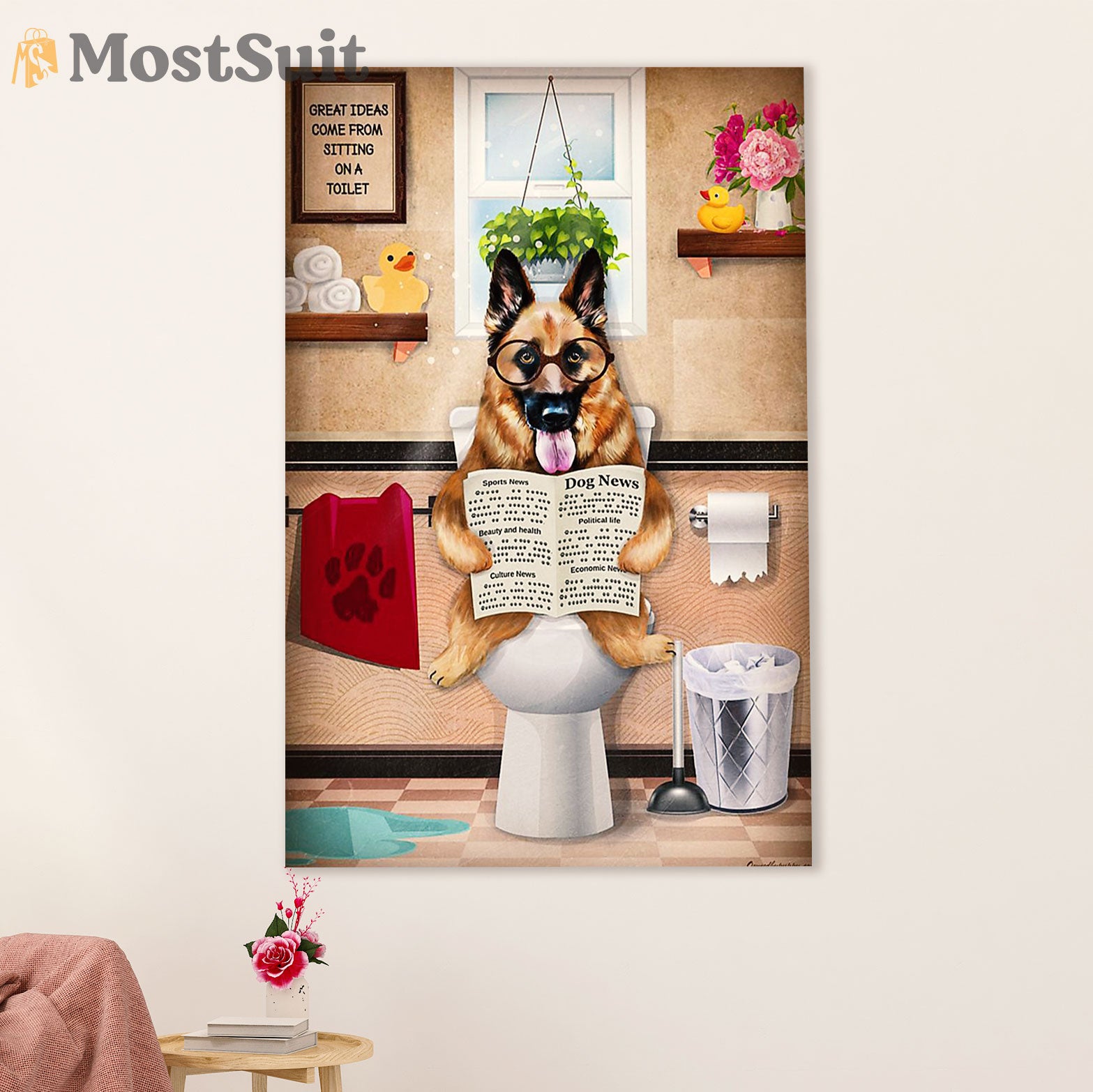 German Shepherd Canvas Prints | Dog in Toilet | Wall Art Gift for Shepherd Dog Lover