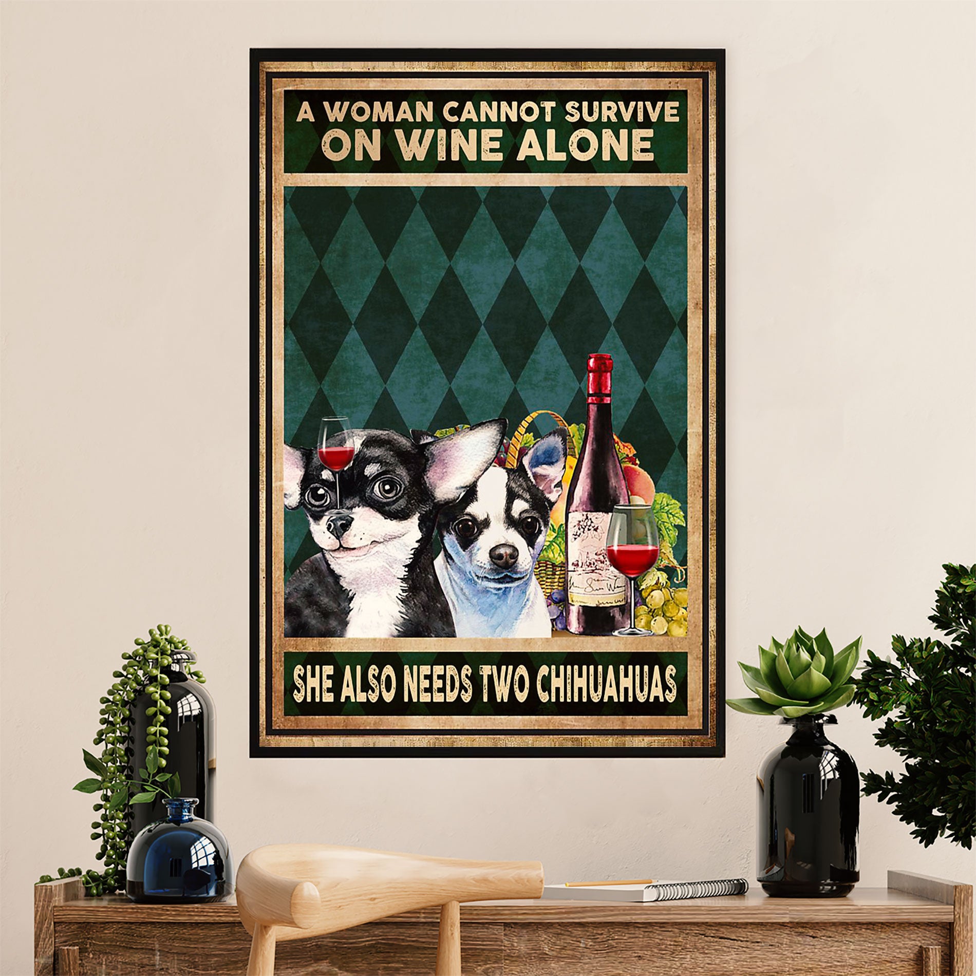 Chihuahua Canvas Wall Art Prints | Woman Loves Wine & Chihuahuas | Gift for Chihuahua Dog Lover