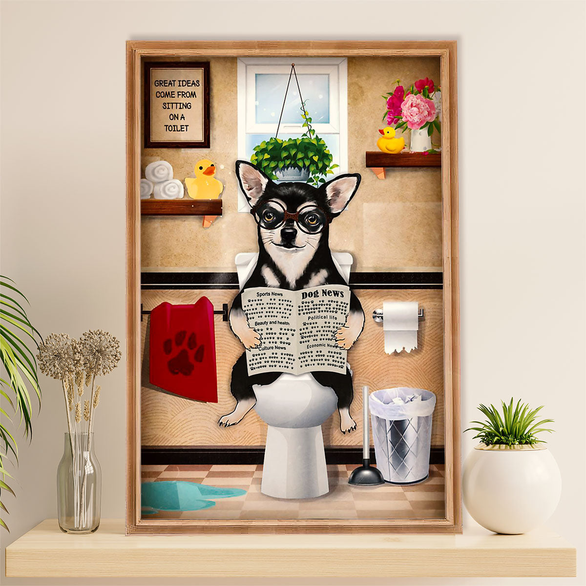 Chihuahua Canvas Wall Art Prints | Funny Dog in Toilet | Gift for Chihuahua Dog Lover