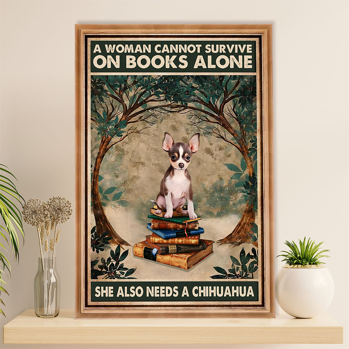 Chihuahua Canvas Wall Art Prints | Woman Loves Books & Dog | Gift for Chihuahua Dog Lover