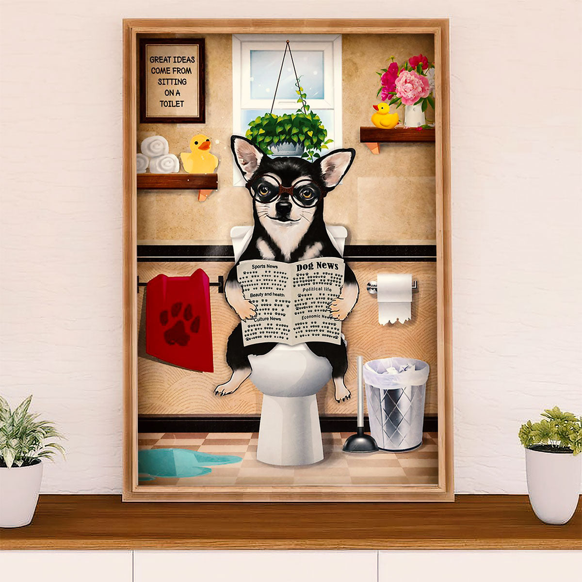 Chihuahua Canvas Wall Art Prints | Funny Dog in Toilet | Gift for Chihuahua Dog Lover