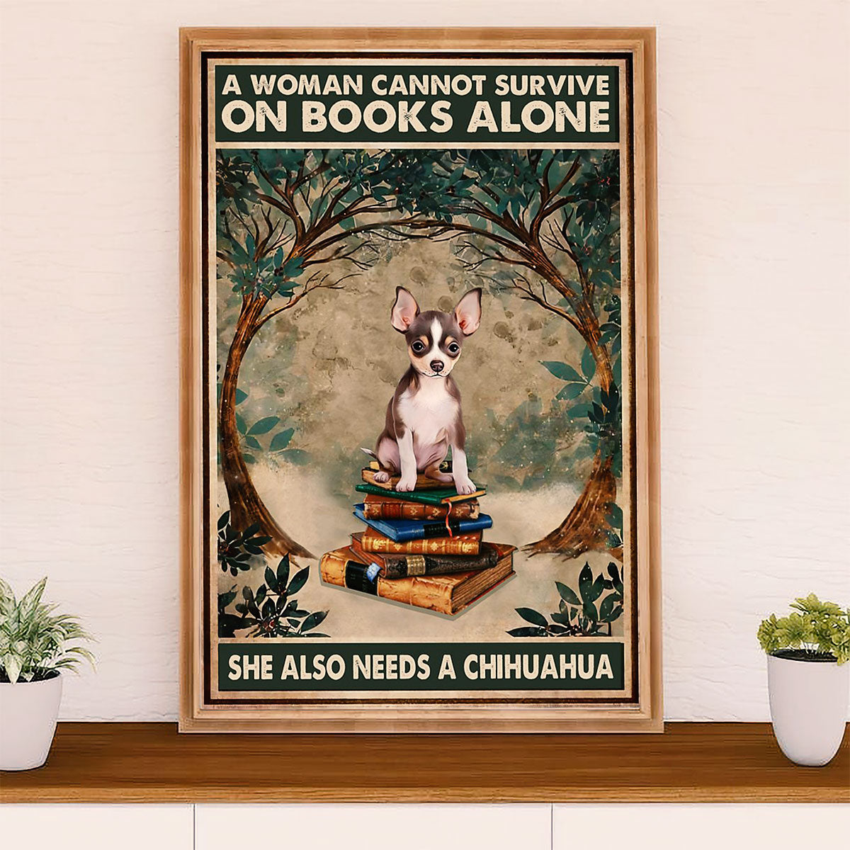 Chihuahua Canvas Wall Art Prints | Woman Loves Books & Dog | Gift for Chihuahua Dog Lover
