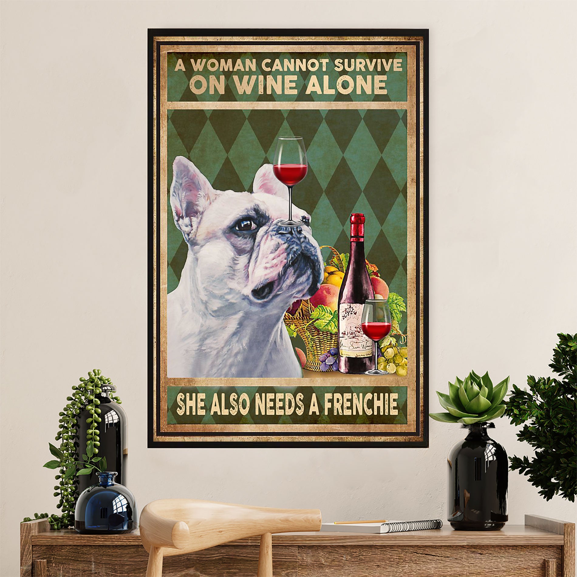 French Bulldog Canvas Wall Art Prints | Woman Loves Wine & Dog | Gift for French Bulldog Dog Lover