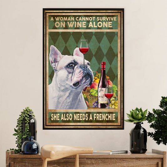 French Bulldog Canvas Wall Art Prints | Woman Loves Wine & Dog | Gift for French Bulldog Dog Lover