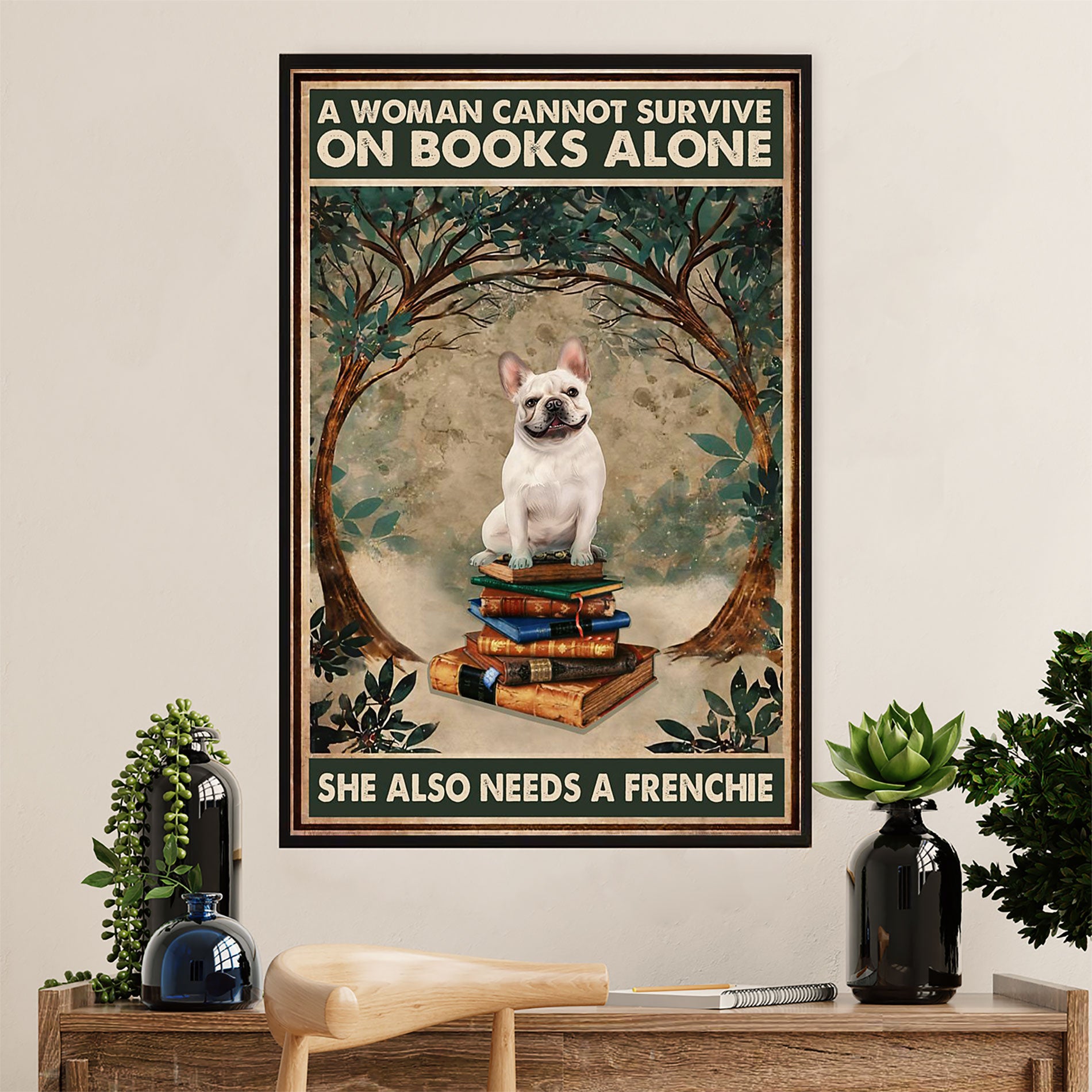 French Bulldog Canvas Wall Art Prints | Woman Loves Books & Dog | Gift for French Bulldog Dog Lover