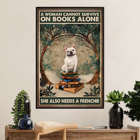 French Bulldog Canvas Wall Art Prints | Woman Loves Books & Dog | Gift for French Bulldog Dog Lover