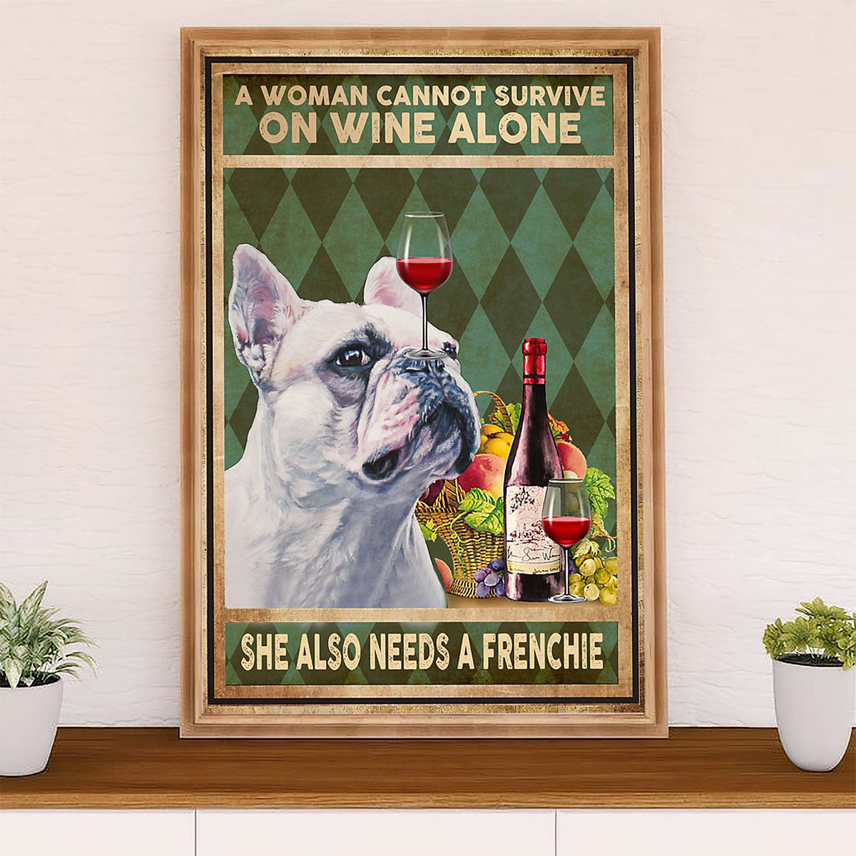 French Bulldog Canvas Wall Art Prints | Woman Loves Wine & Dog | Gift for French Bulldog Dog Lover