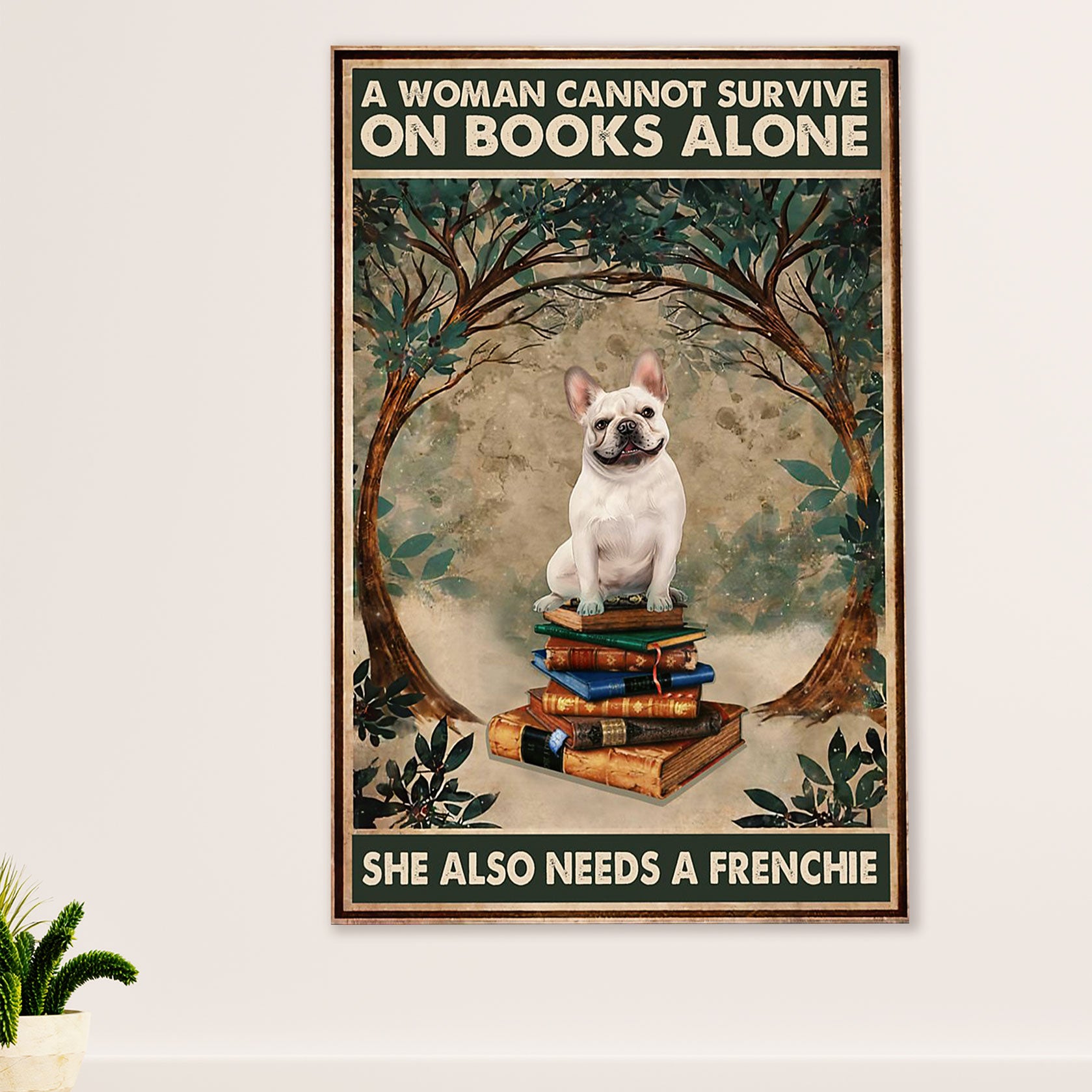French Bulldog Canvas Wall Art Prints | Woman Loves Books & Dog | Gift for French Bulldog Dog Lover
