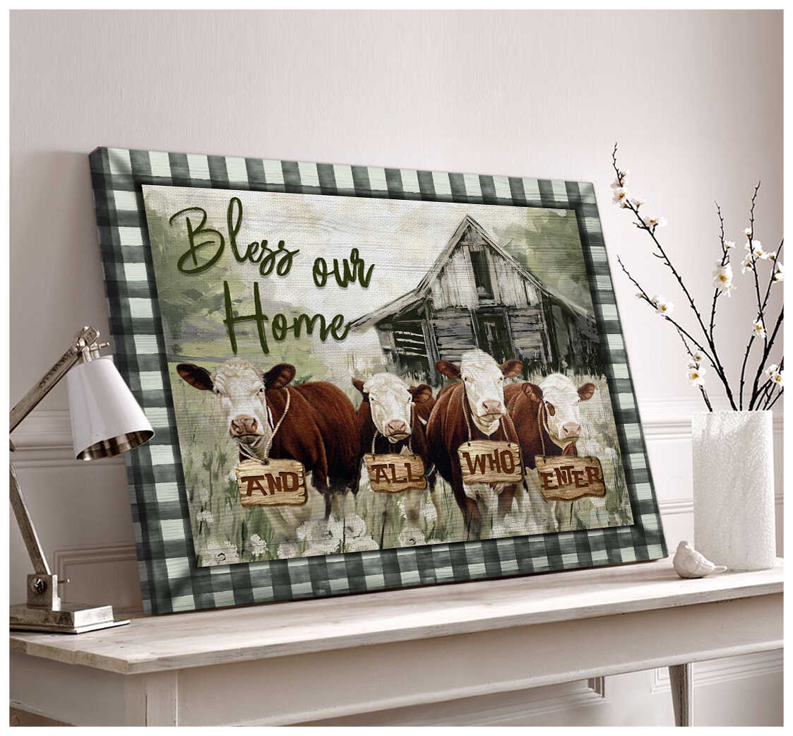 Mostsuit Hereford Cows Bless Our Home Canvas Poster Wall Art Farmhouse Decor
