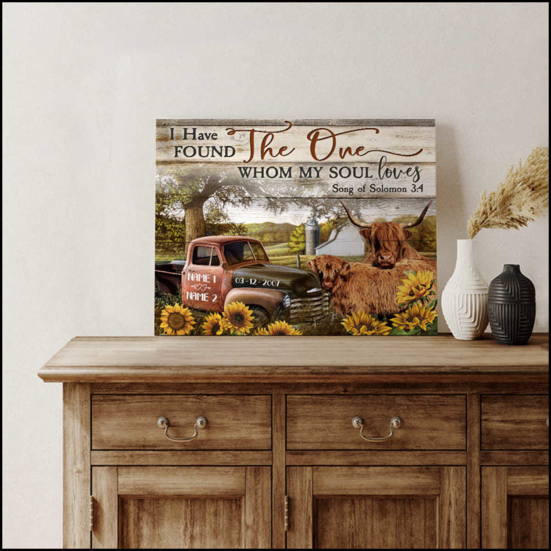 Custom Canvas Poster Prints Personalized Gifts Wedding Anniversary Gifts I have found the one my soul loves Couple Highland cattle and Farm Truck and Sunflowers Wall Art Decor Mostsuit