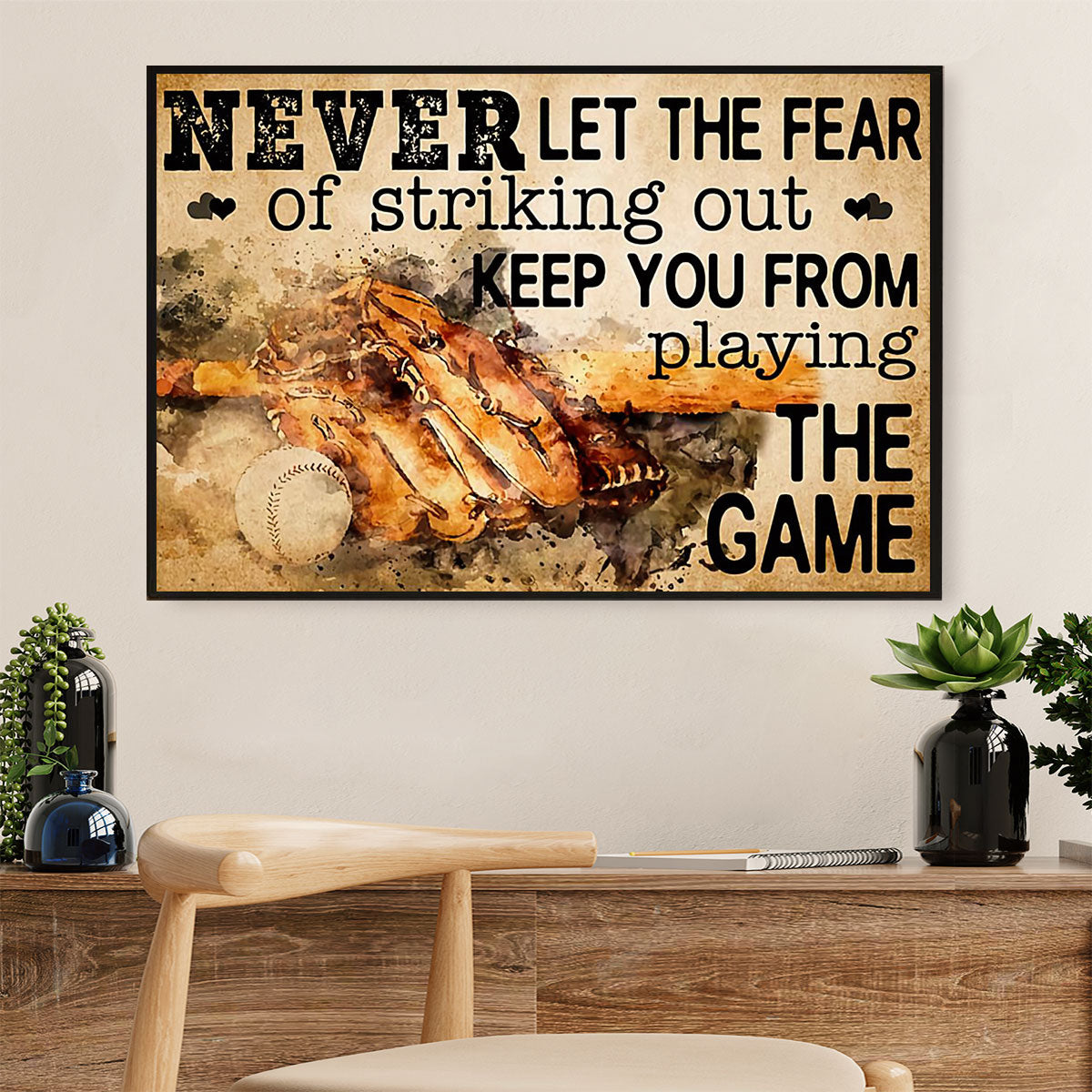 Baseball Canvas Wall Art Prints | Never Let The Fear | Home Décor Gift for Baseball Players